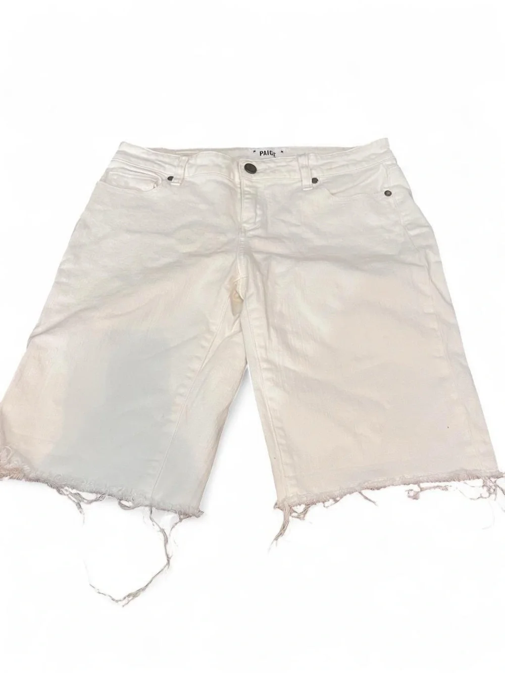 PAIGE White Frayed Hem Denim Shorts - Women's